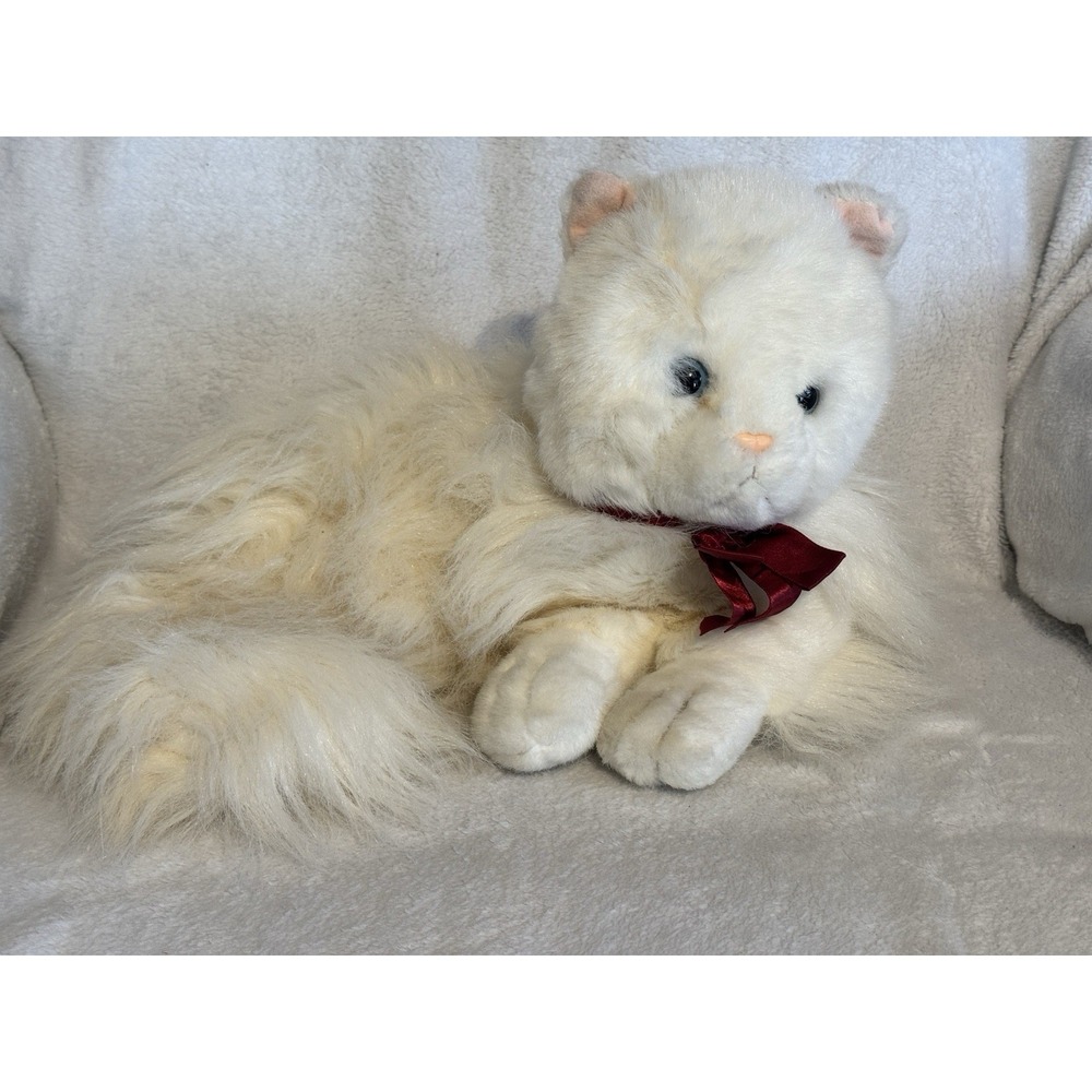 Vintage White Persian Cat Plush Red Ribbon Bow Korea Fluffy Stuffed Toy